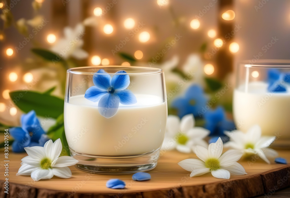 A crystal glass filled with milk and blue flower petals, reflecting on a mirror surface. A crystal glass filled with milk and blue flower petals, reflecting on a mirror surface.