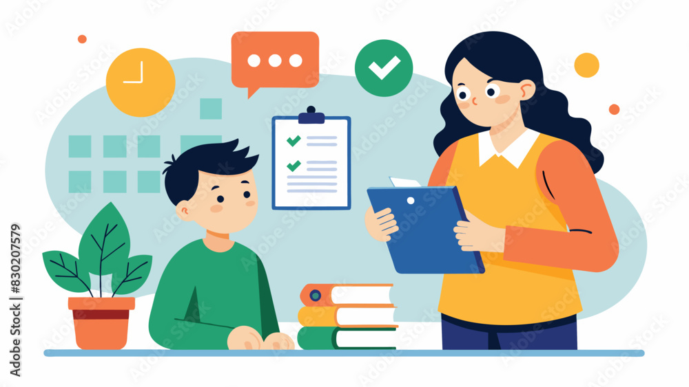 A mother and teacher strategize ways to help a student who is struggling with organization and time management skills.. Vector illustration A mother and teacher strategize ways to help a student who is struggling with organization and time management skills.. Vector illustration