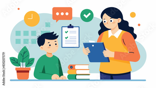 A mother and teacher strategize ways to help a student who is struggling with organization and time management skills.. Vector illustration