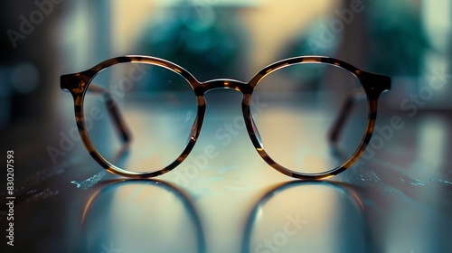 Glasses: A pair of glasses placed on a shiny table, elegantly photographed. 