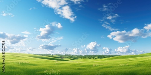 Beautiful grassy fields and summer blue sky with fluffy white clouds in the wind background