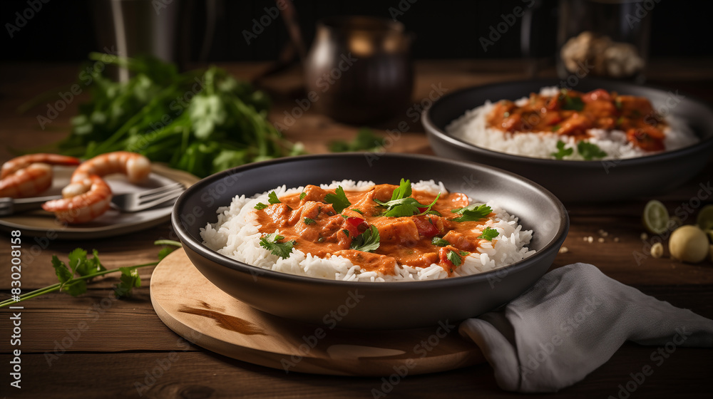 Etouffee with bowl on a wooden table Etouffee with bowl on a wooden table