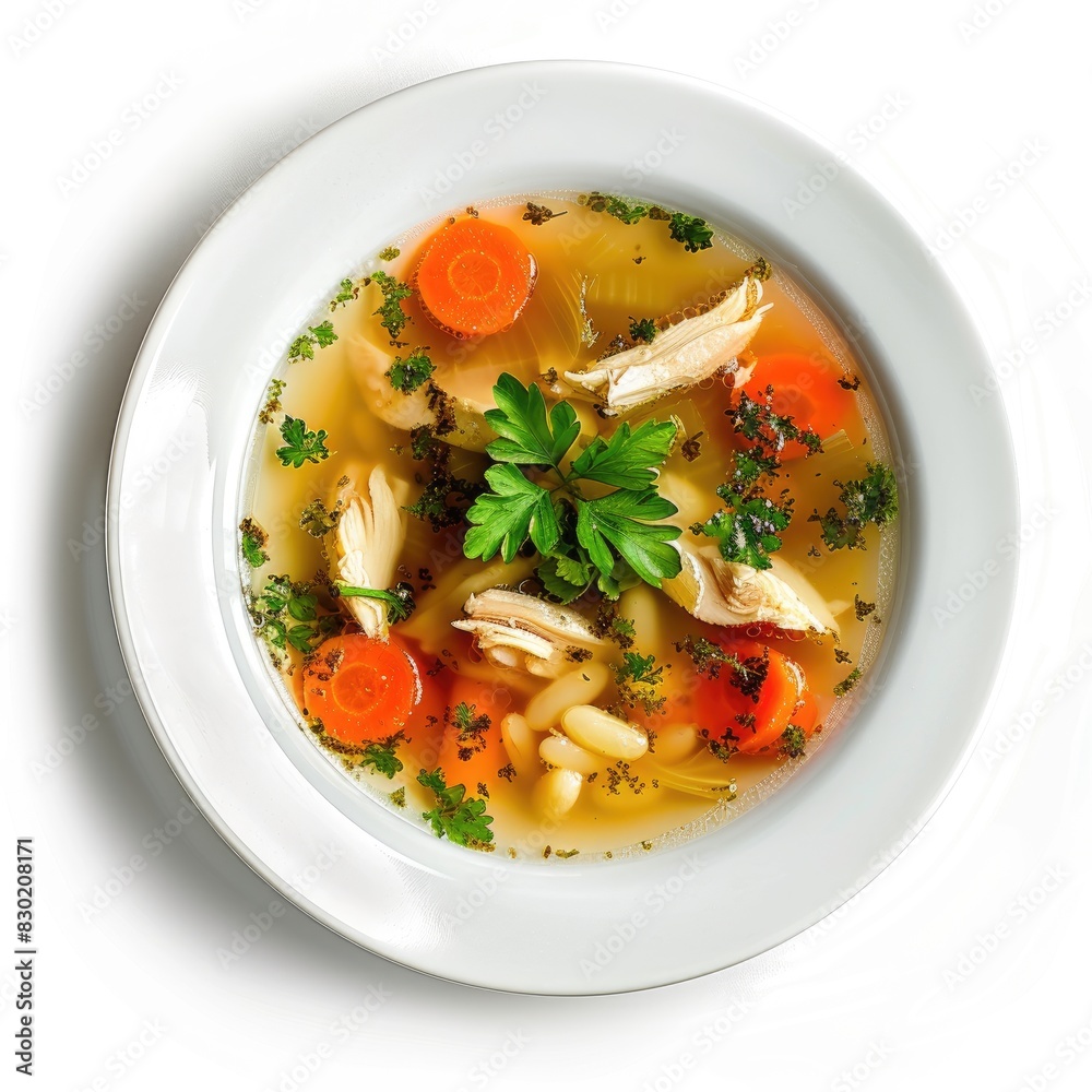 Homemade chicken noodle soup in a white bowl. Top view.