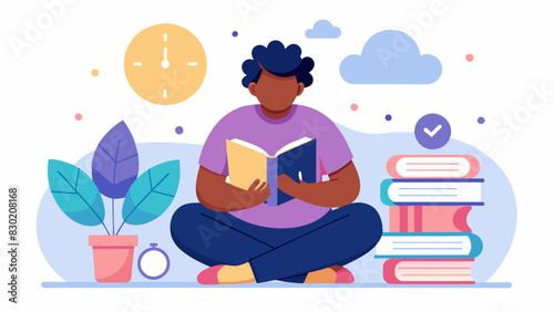 A person setting a limit on their screen time and using that extra time to read books and articles that celebrate all body types.. Vector illustration
