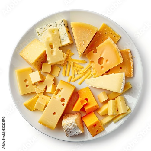 Assorted gourmet cheeses on white plate. Top view. photo