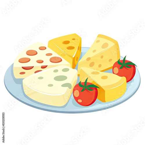 Assorted cheese plate with fresh tomatoes.