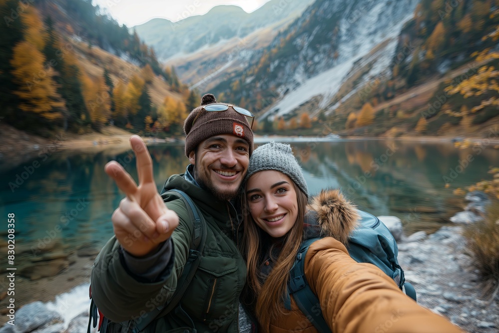 Happy couple taking a selfie while hiking in the mountains with a beautiful lake and green landscape in the background, on a sunny day. Travel vacation banner