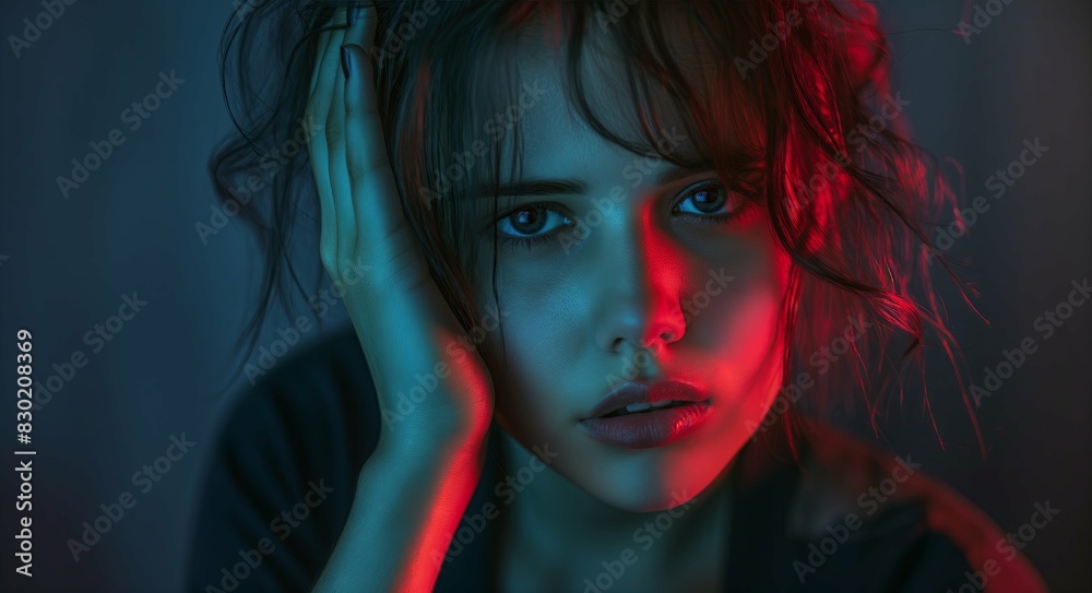 Portrait of a woman in moody lighting with a pensive look, ideal for emotional and reflective content. Portrait of a woman in moody lighting with a pensive look, ideal for emotional and reflective content.
