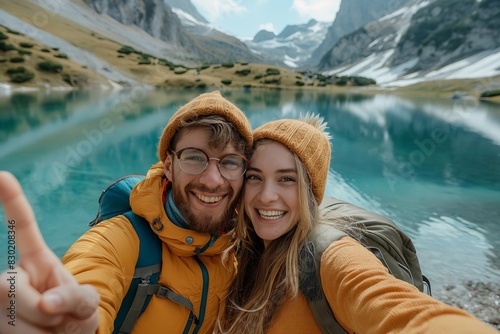 Happy couple taking a selfie while hiking in the mountains with a beautiful lake and green landscape in the background, on a sunny day. Travel vacation banner © Anastasia Knyazeva