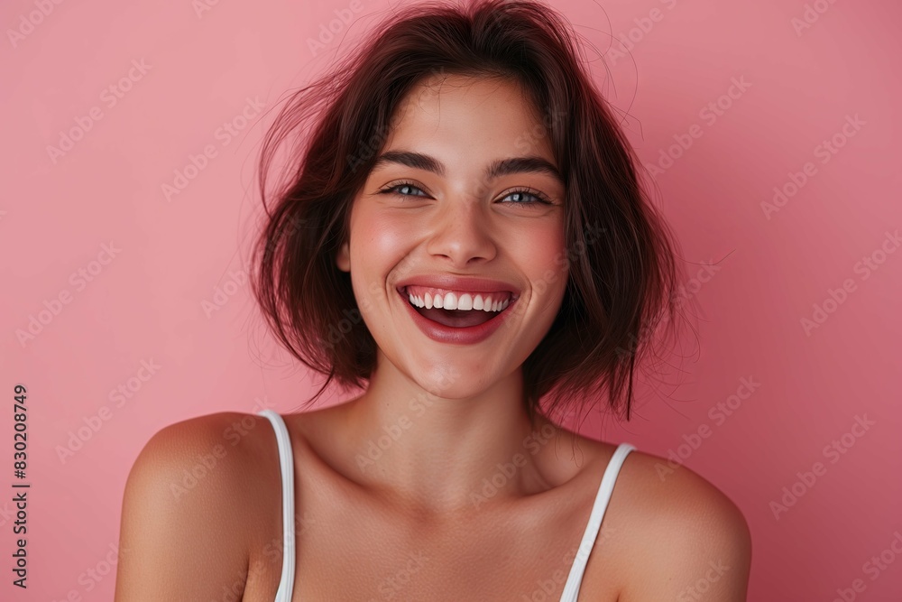 Woman exciting on pink background Woman exciting on pink background