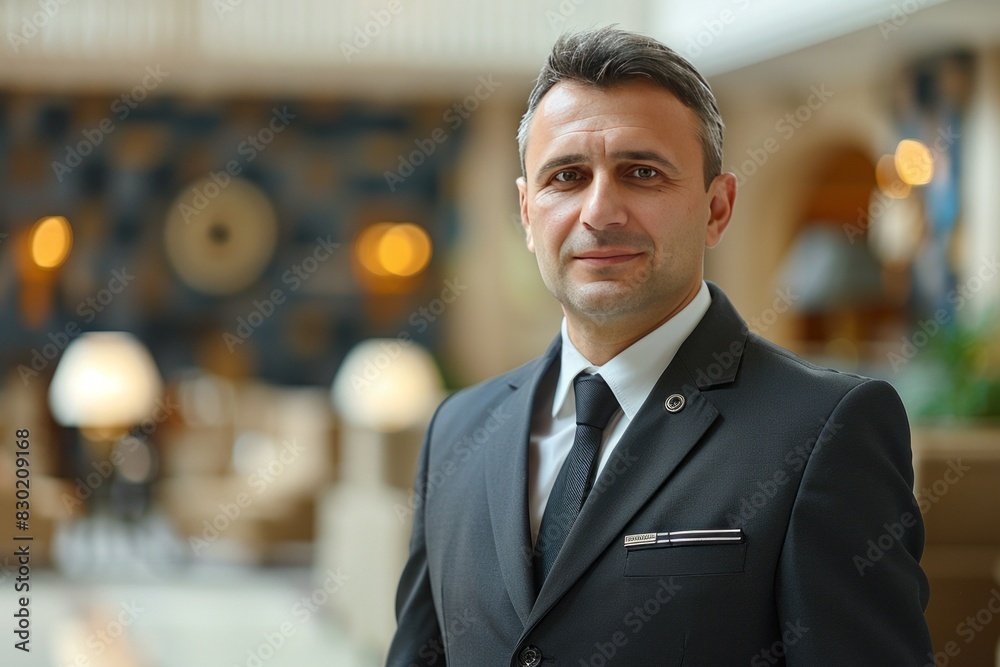 Mature hotel manager, confident, professional, digital SLR, standard zoom, daytime, hotel lobby portrait, digital, high realism, welcoming light. , background blur Mature hotel manager, confident, professional, digital SLR, standard zoom, daytime, hotel lobby portrait, digital, high realism, welcoming light. , background blur