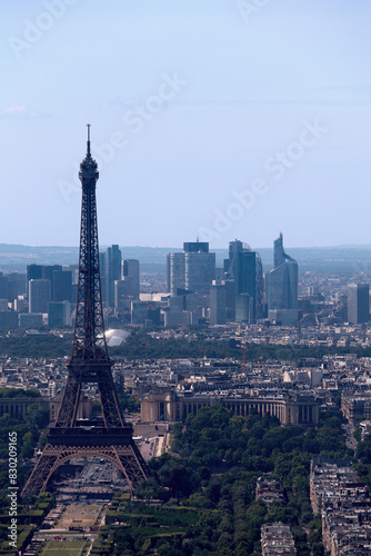 Aerial view of the Eiffel Tower and La Défense in Paris