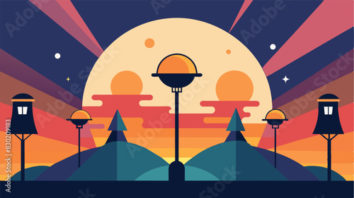 As the sun sets the lights from the surrounding lamps illuminate the mural showcasing its beauty and bringing attention to the teamwork and creativity behind it.. Vector illustration