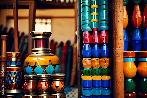 Moroccan souk crafts souvenirs in medina, Essaouira, Morocco. 