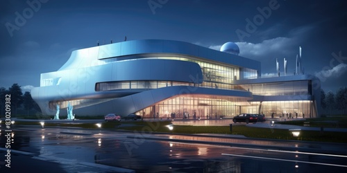 Building and facility design. Cutting edge manufacturing plant or futuristic industrial park and research center 