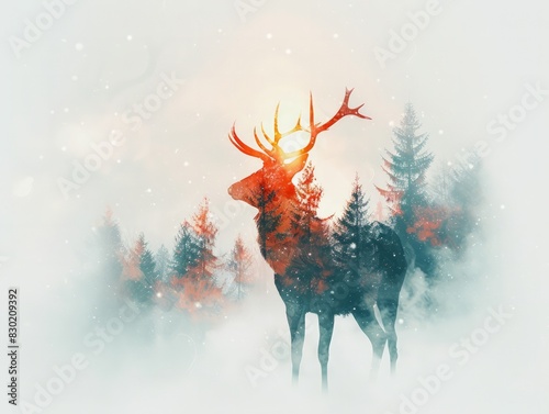 A majestic deer stands in a snowy forest, with a glowing sunburst above its antlers.