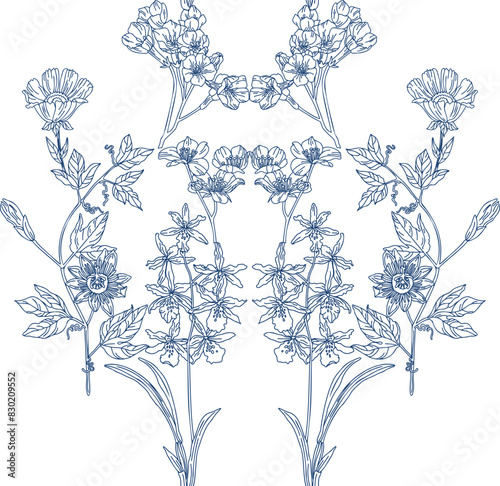 Vintage pattern with blue wildflowers on a transparent background, for the production of fabrics, wallpaper, packaging