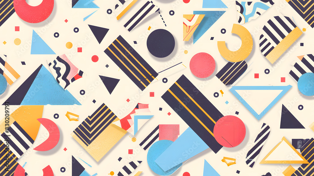 seamless pattern featuring modern abstract geometric shapes various colors including blue yellow red set against cream background mix of circles triangles stripes creating dynamic visual effect seamless pattern featuring modern abstract geometric shapes various colors including blue yellow red set against cream background mix of circles triangles stripes creating dynamic visual effect