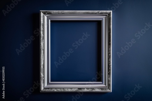 /imagine: A chic silver frame on a deep navy blue wall, reflecting subtle light and creating a sophisticated and modern ambiance,