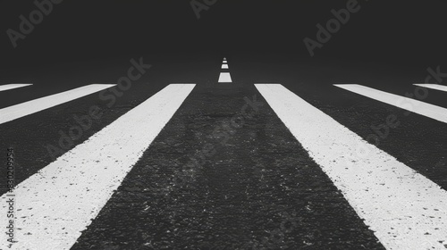 A solitary figure in white stands at the end of an empty, black-and-white road, marked by a distinct white line photo