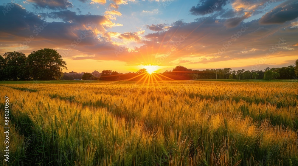Sunset over rural landscape with fields and forests