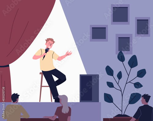 Comedian artist with microphone perform stand-up comedy show sitting on stool on stage, vector audience listening jokes