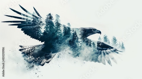 A majestic eagle soars through the sky, its wings blending seamlessly with the surrounding forest. photo