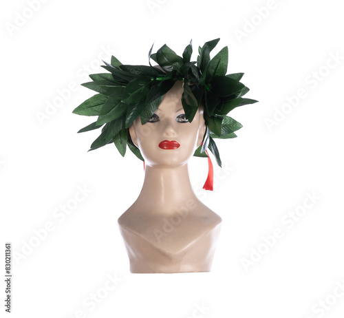 head wreath of artificial green leaves isolated on white background