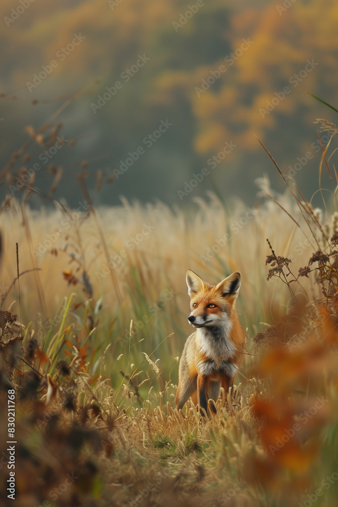 Fototapeta premium Majestic Fox in Orchard, Field of Poppies, Rosehips in Bloom, Prairie with Small Stream, Insects and Birds, Country Lane, Blue Sky, Hyper Detailed Realistic Photography
