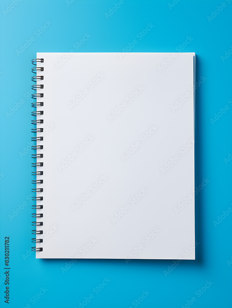 Blank spiral bound notebook with empty page on blue background Blank spiral bound notebook with empty page on blue background