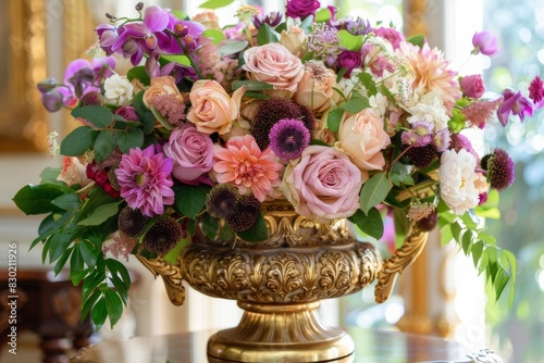 lavish floral arrangement in gold and brass plated premium vase  with roses pastel pink and burgundy color palette at luxury old fashioned hotel interior