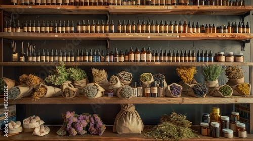 Apothecary-style shelves with essential oils and dried herbs create a charming, aromatic display.