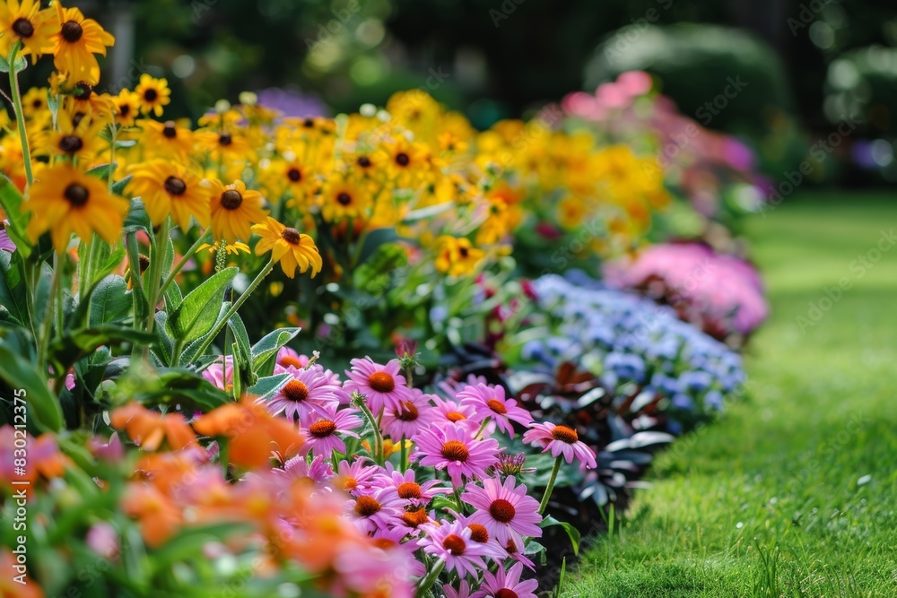colorful summer flowers in the garden landscaping design at daytime colorful summer flowers in the garden landscaping design at daytime