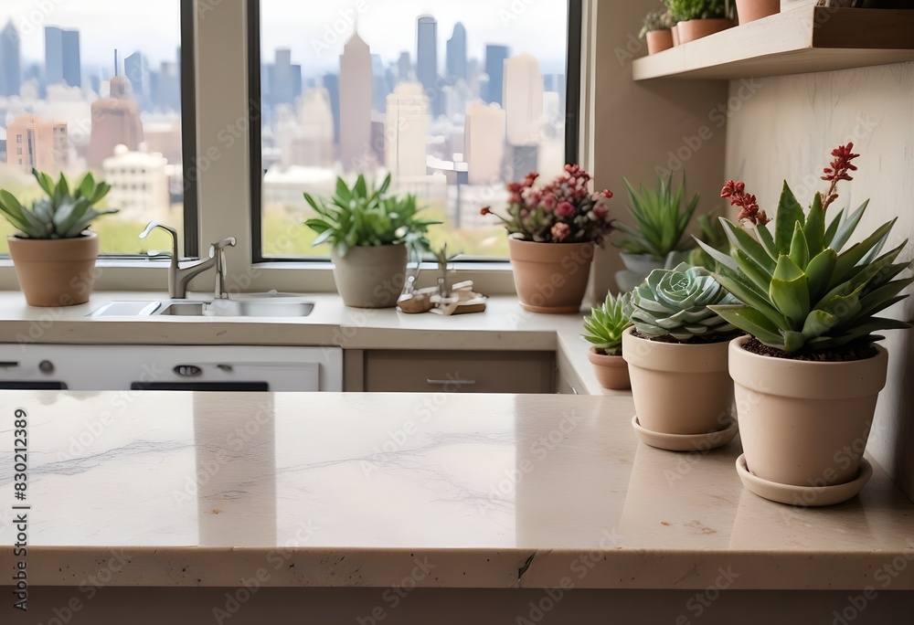 A stone kitchen counter with potted succulents and dried flowers in the background, with a blurred city skyline visible through a window