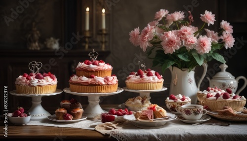 A table is covered with a variety of desserts, including cakes, cupcakes