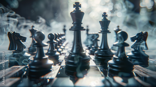 A close-up of a chessboard with a victorious move, detailed pieces and focused expressions of the players, high-detail, representing strategic thinking and success in competition
