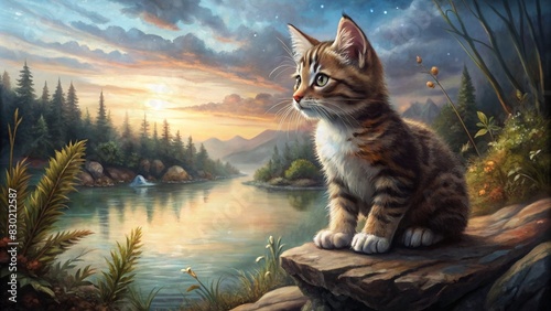 kitten sitting on a rock by the lake photo