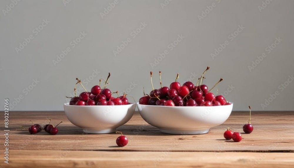 Two white bowls filled with red cherries on a wooden table Two white bowls filled with red cherries on a wooden table