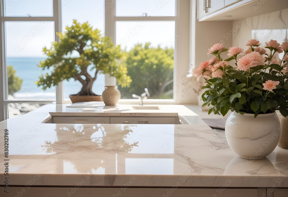 A marble kitchen counter with a vase of fresh flowers and a bonsai tree in the background, with a blurred beach scene visible through a window