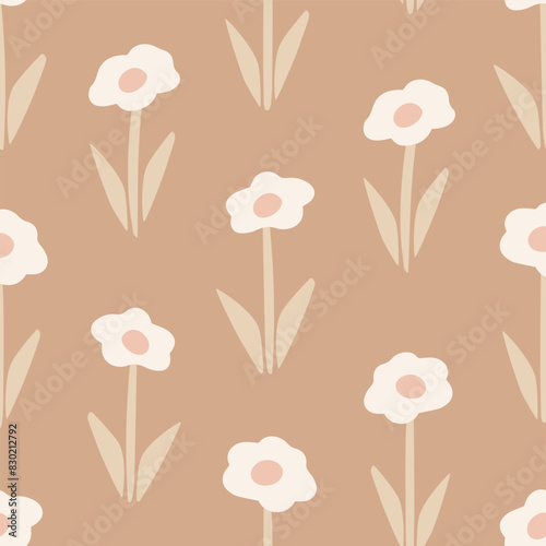 Seamless vector geometric pattern with simplified flowers in scandinavian style, textile, packaging