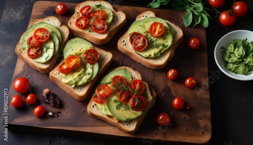 A wooden cutting board with four slices of bread topped with avocado