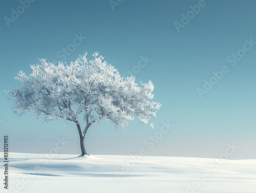 A minimalist scene of a single tree branch covered in snow, set against a vast expanse of untouched snowy ground. The sky is a clear blue, and the light is bright and crisp.
