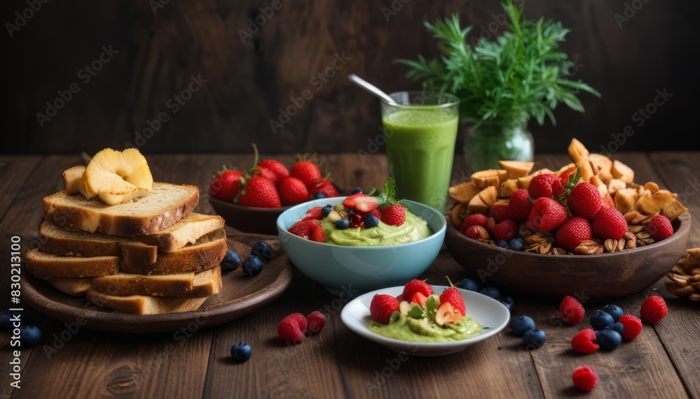 A table with a variety of fruits and vegetables, including a bowl of guacamole