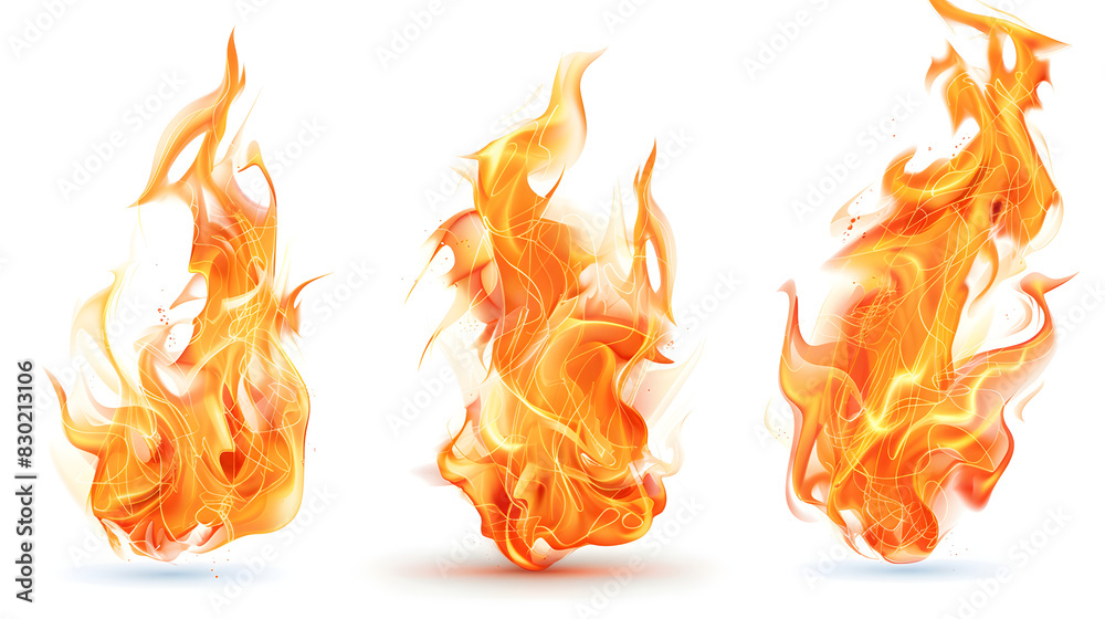 Three isolated, dynamic fire flames against a white background, perfect for design projects and visual effects Three isolated, dynamic fire flames against a white background, perfect for design projects and visual effects