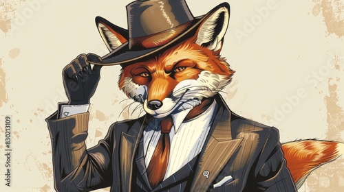 suave fox in a sleek suit and tie, tipping his hat with a mischievous grin.  photo