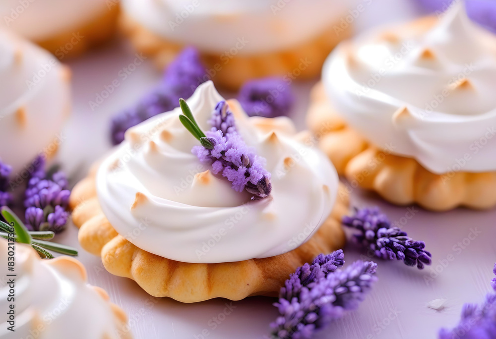 A close-up of a lavender meringue cookie on a plate. A close-up of a lavender meringue cookie on a plate.