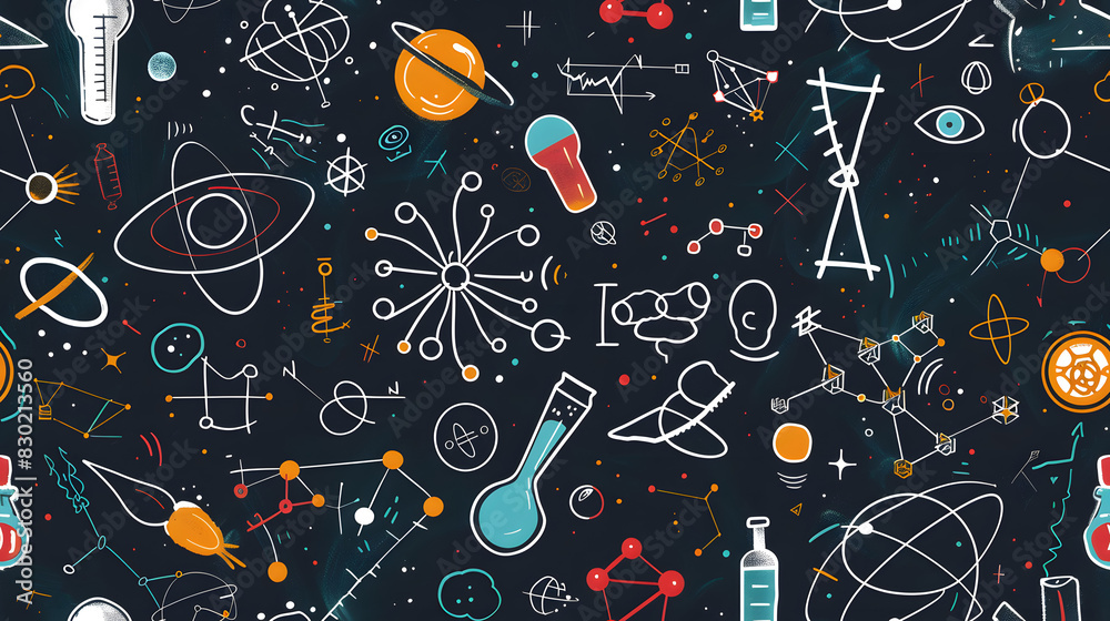 A seamless pattern featuring various scientific instruments and space icons, including beakers, atoms, and planets on a dark background, ideal for educational and decorative use. A seamless pattern featuring various scientific instruments and space icons, including beakers, atoms, and planets on a dark background, ideal for educational and decorative use.