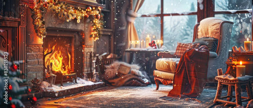 Cozy Winter Scene, Fireplace and decorations, Warmth and Comfort, Winter Wonderland photo