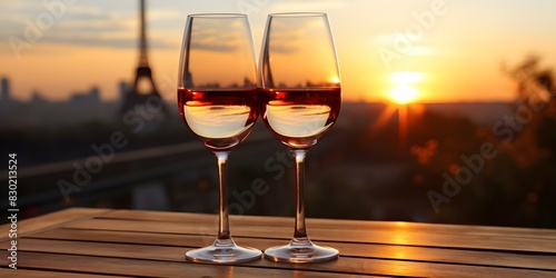 Eiffel Tower view with two wine glasses on wooden table. Concept Eiffel Tower, Wine Glasses, Wooden Table, Romantic Setting, Paris View