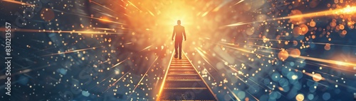 A person climbing a ladder towards a glowing light, detailed rungs and vibrant light beams, high-detail, symbolizing career advancement and the journey to success.Highly detailed photo
